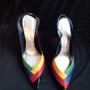 BCBG Multi colored toe sling back pumps